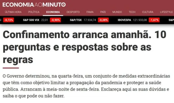 Vamos entrar em confinamento geral a partir das 00:00 de sexta-feira dia 15 de Janeiro de 2021